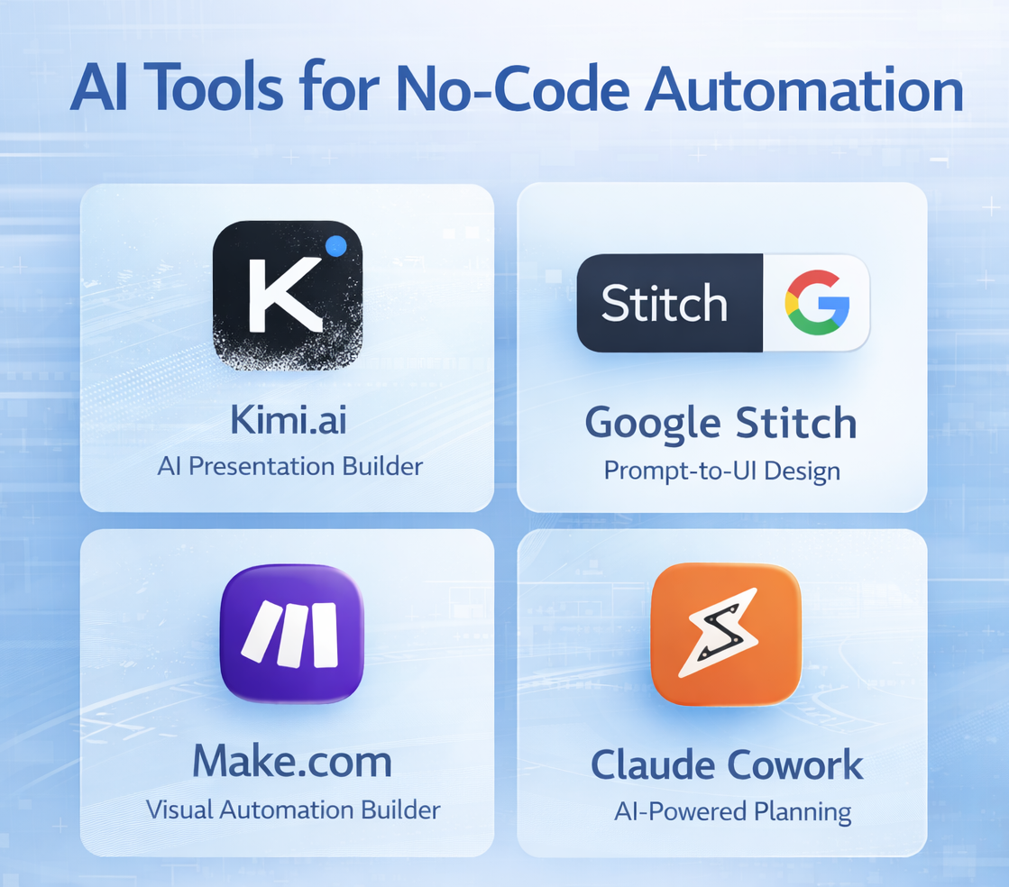 AI automation tools overview showing Kimi AI, Google Stitch, Make