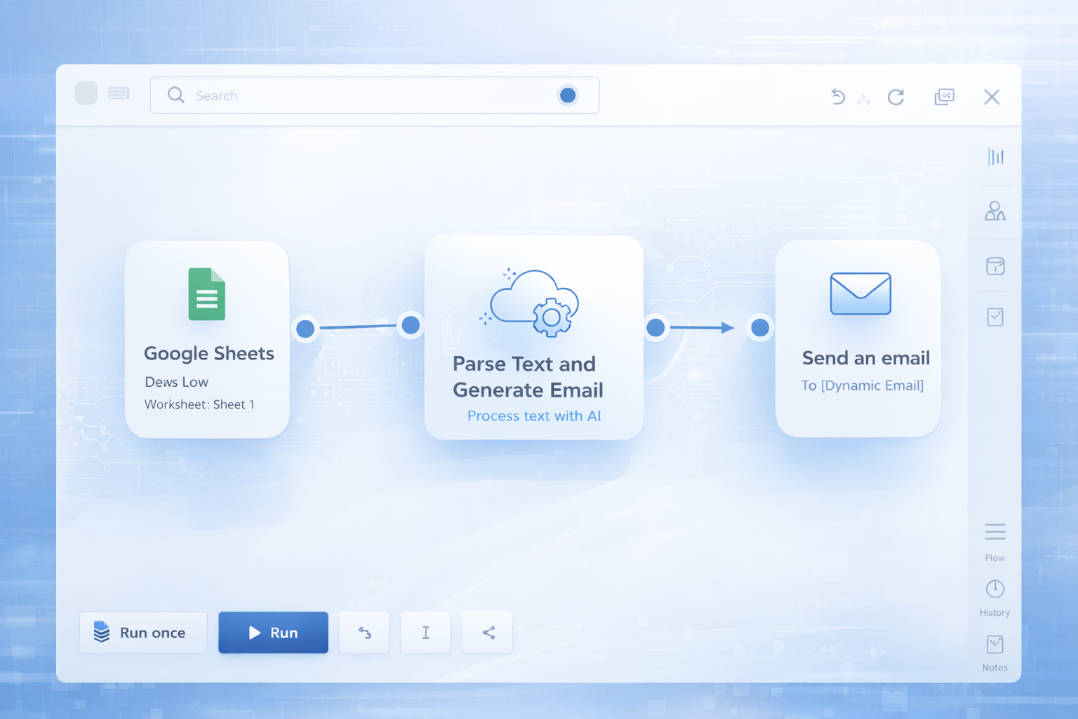 No code AI automation workflow showing Google Sheets trigger, AI processing and email output in a visual builder interface