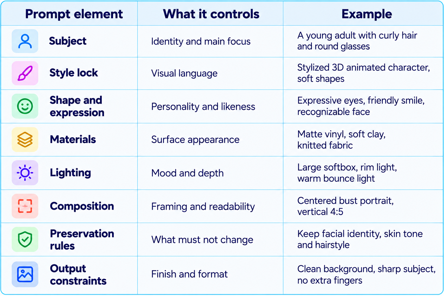 Prompt Elements Reference Table