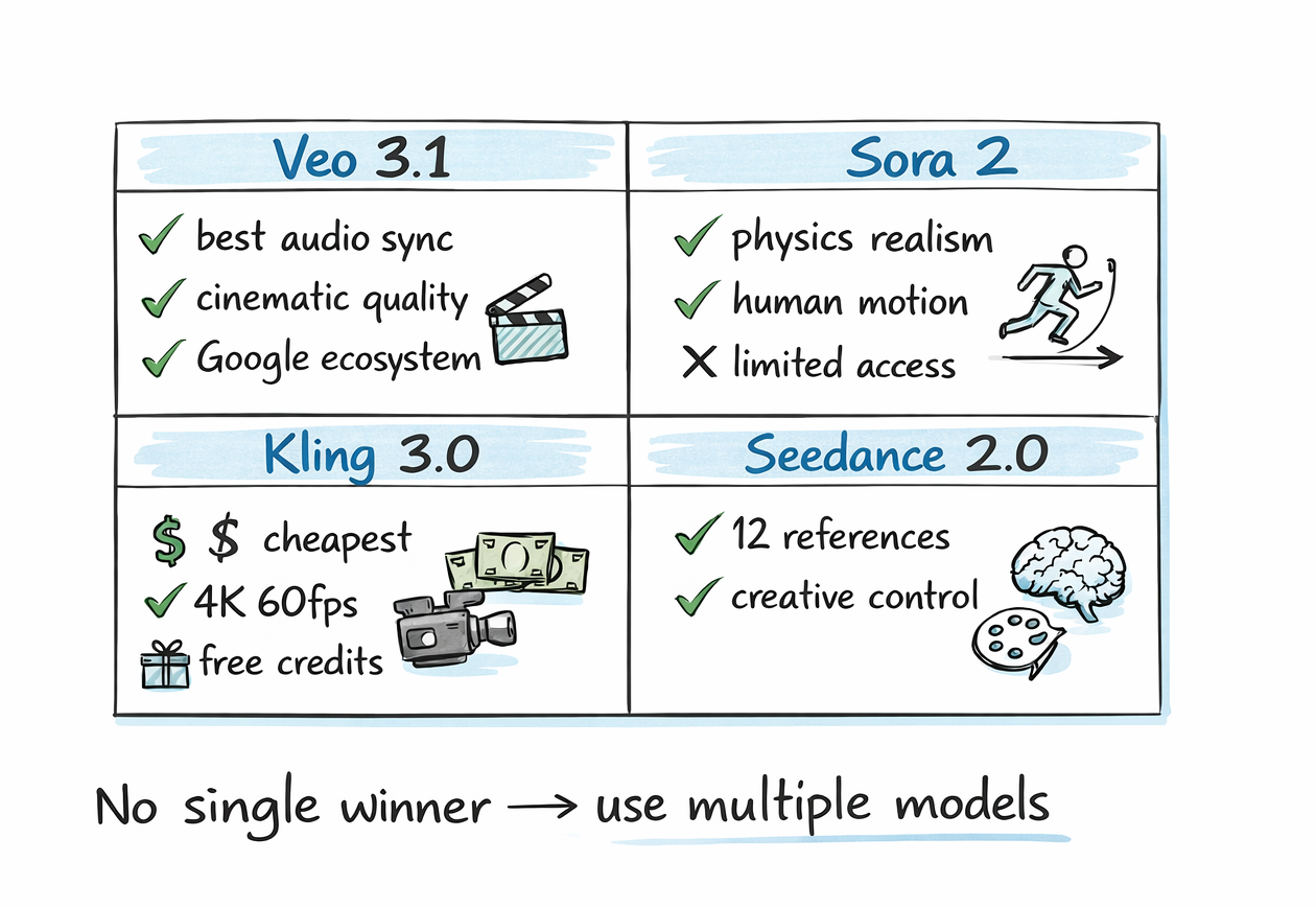 Comparison of Veo 3.1 vs Sora 2 vs Kling 3.0 vs Seedance 2.0 showing strengths and differences in AI video models
